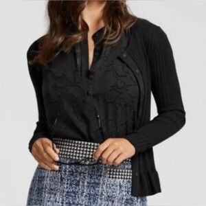 CAbi Party Ruffle Cardigan ~  Sweater ~ Black Ribbed ~ Large #5287